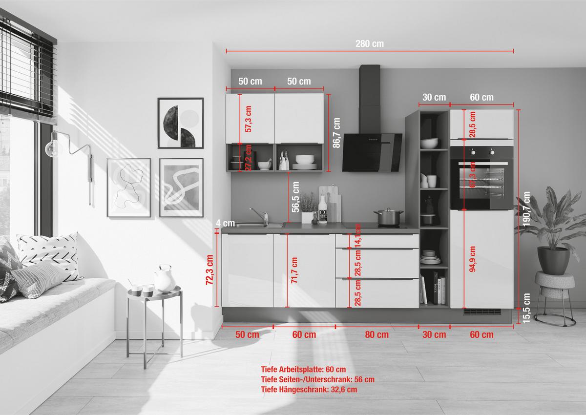 Küchenblock IBZ ohne Geräte ca. 280 cm Weiß Hochglanz - Weiß Hochglanz/Dunkelgrau, Design, Holzwerkstoff/Metall (280cm) - Impuls