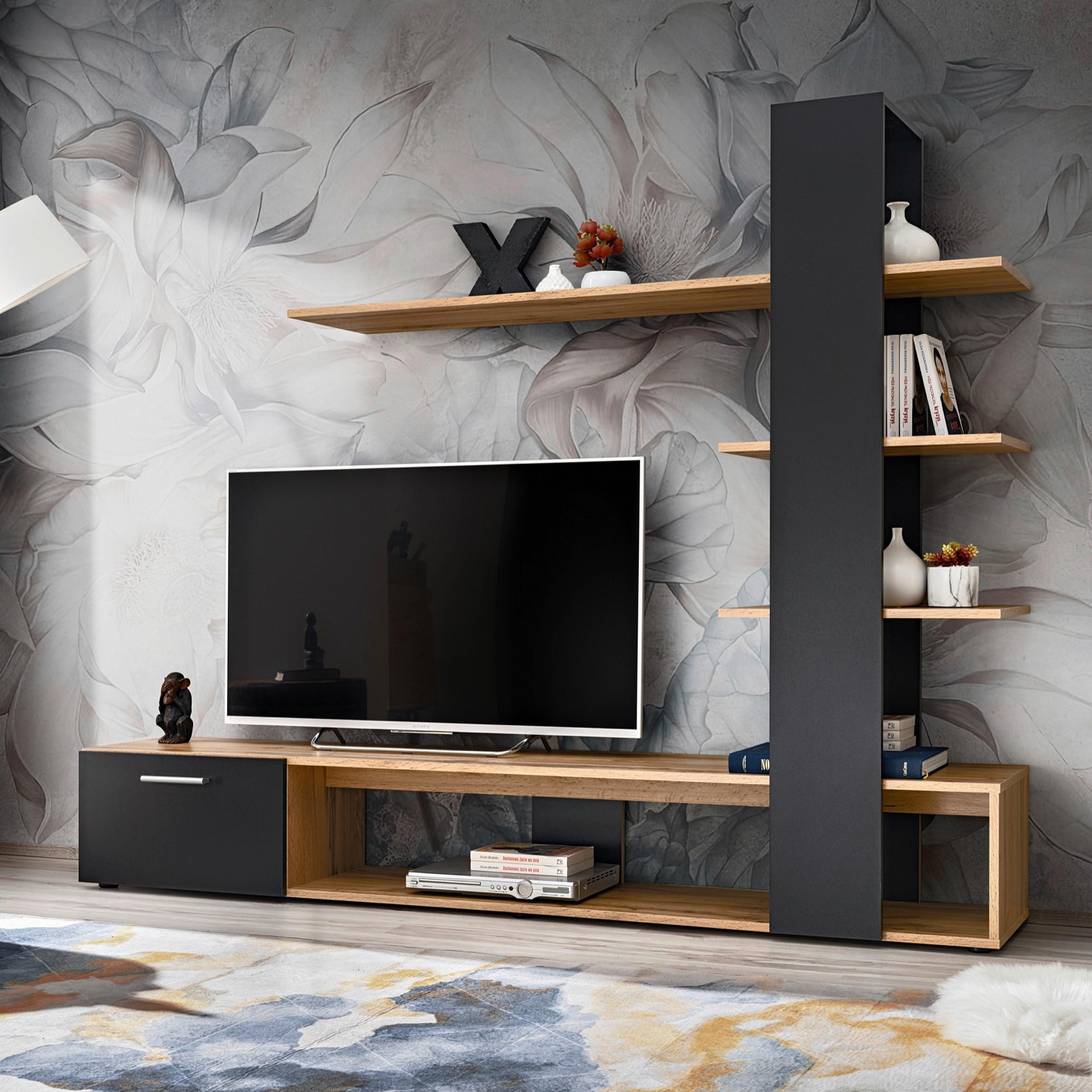 Wohnwand Eco Schwarz/Eiche Wotan - Eiche Wotan/Schwarz, MODERN, Holzwerkstoff/Kunststoff (190/152/35cm) - P & B
