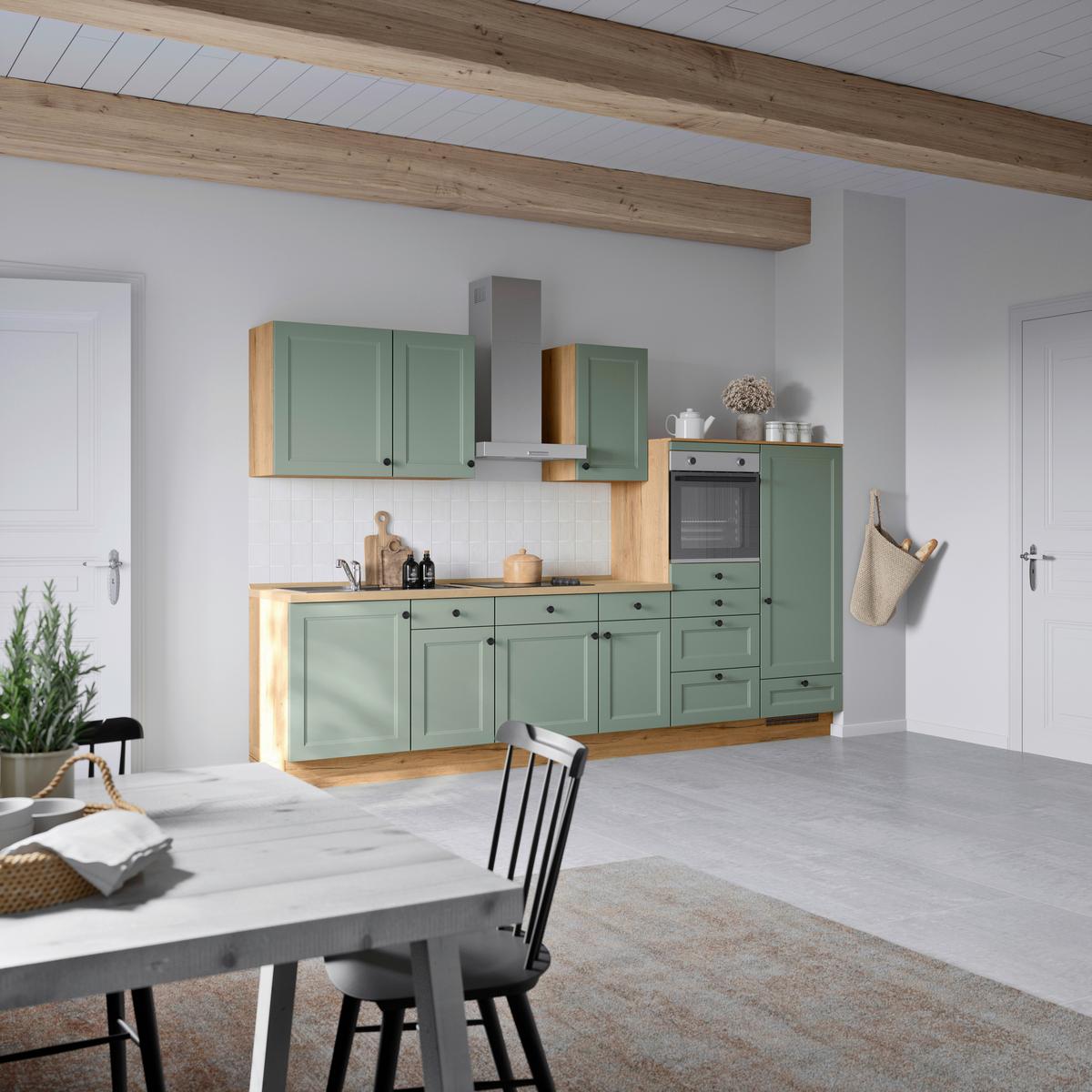 Küchenblock Cascada Low m. Geräten Schilfgrün - Schilfgrün/Eichefarben, MODERN, Holzwerkstoff/Metall (330cm) - Nobilia