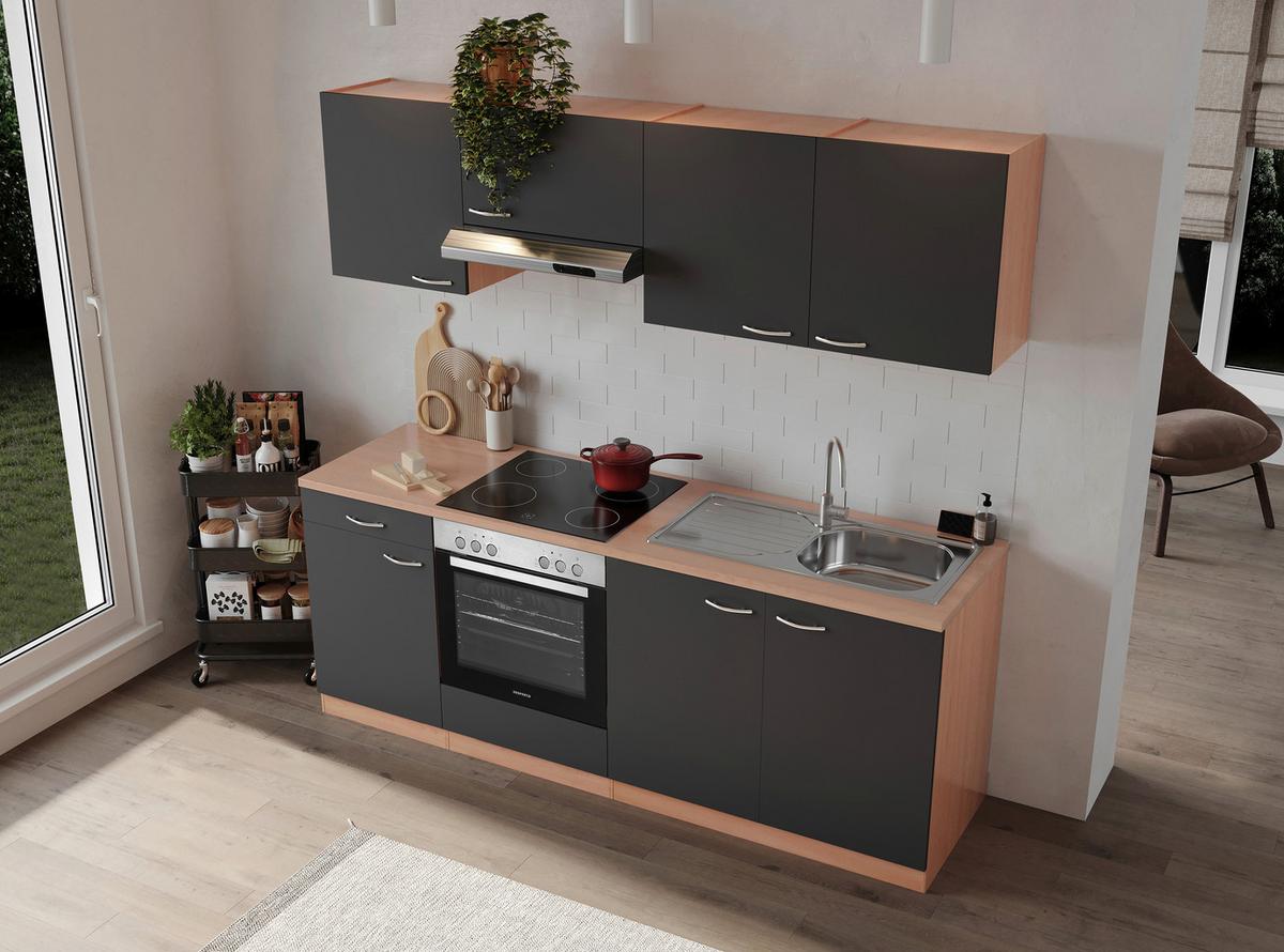 Küchenblock Gerda mit Geräten ca. 210 cm Grau - Buchefarben/Alufarben, Basics, Holzwerkstoff/Kunststoff (210cm) - Respekta