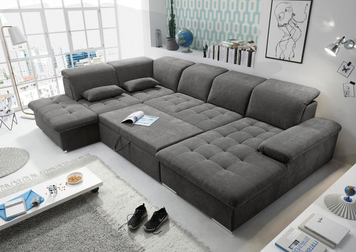 Wohnlandschaft Wayne U inkl. Kissen Dunkelgrau - Dunkelgrau/Silberfarben, KONVENTIONELL, Kunststoff/Textil (240/340/188cm) - MID.YOU