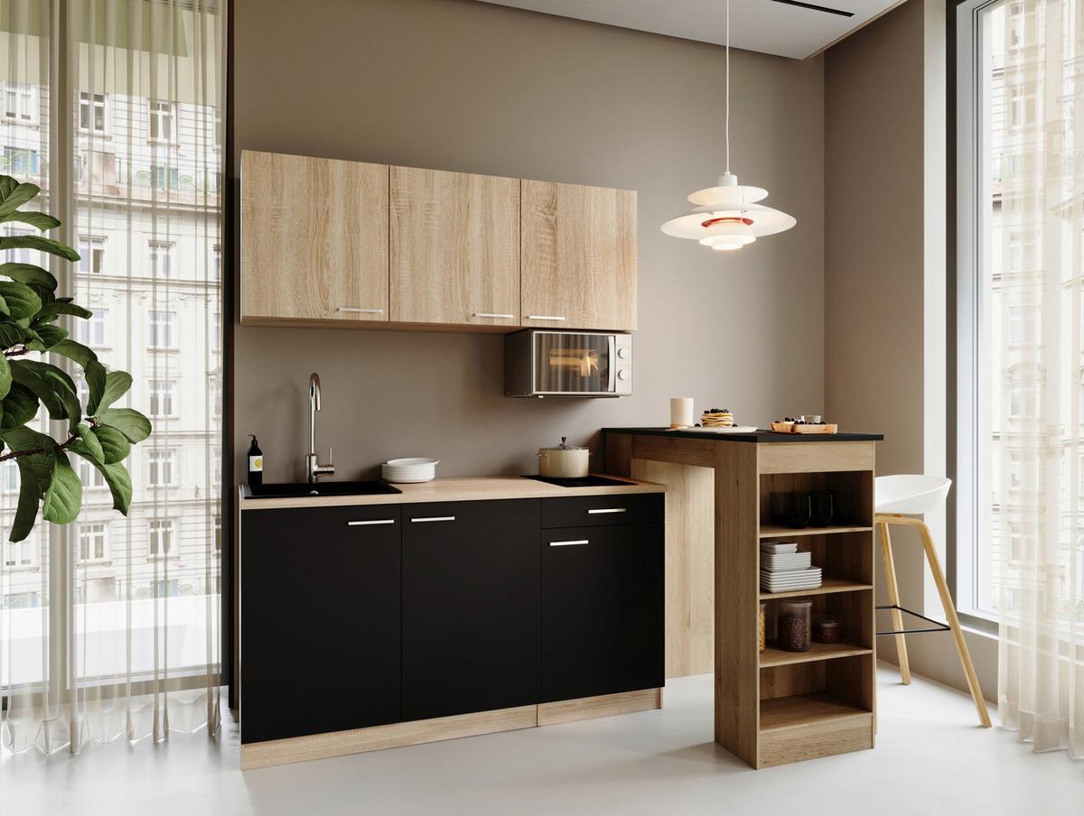 Miniküche Ingrid m. Geräten ca. 150cm Schwarz - Eichefarben/Schwarz, Design, Holzwerkstoff/Kunststoff (150cm) - Respekta