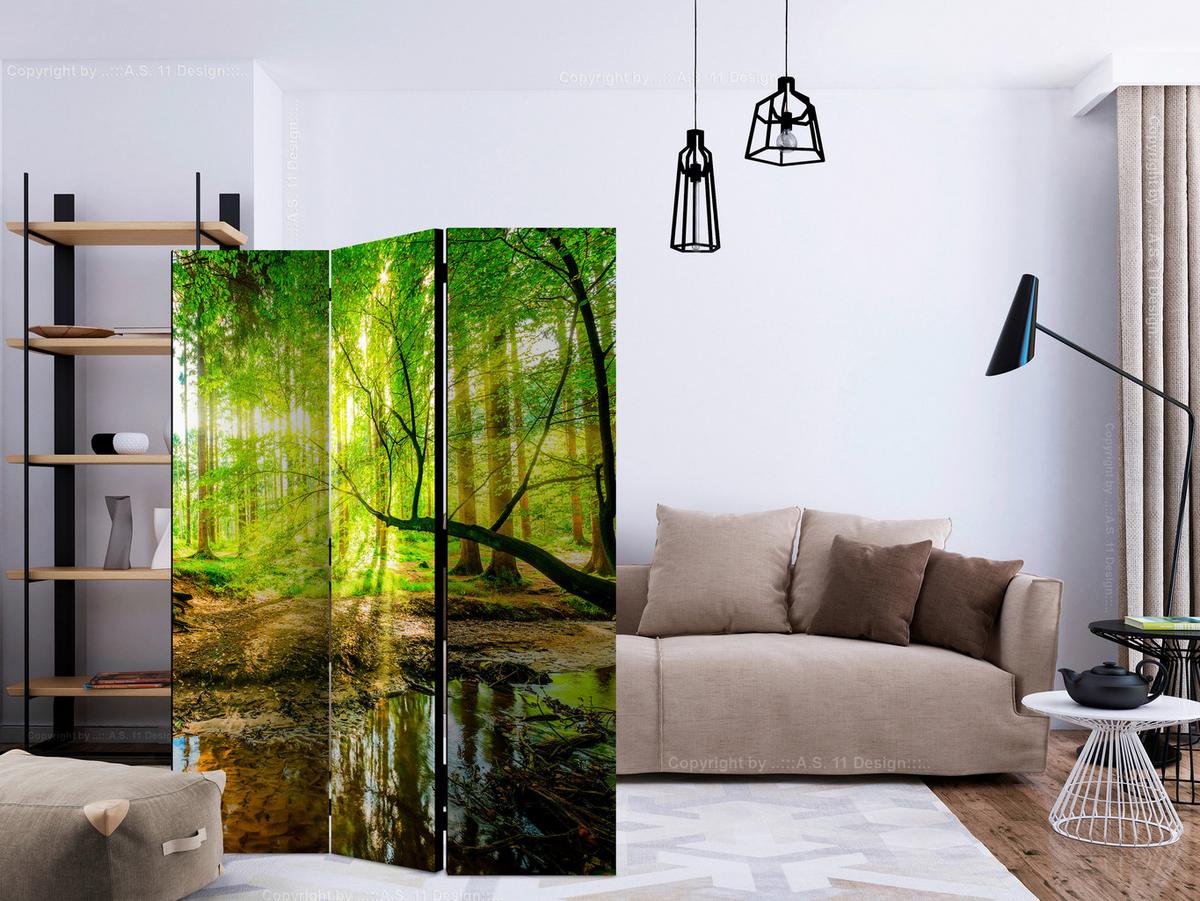 Paravan Forest Stream, 3-Delni, Enostranski - rumena/zelena, Basics, tekstil/les (135/172/3cm) - artgeist
