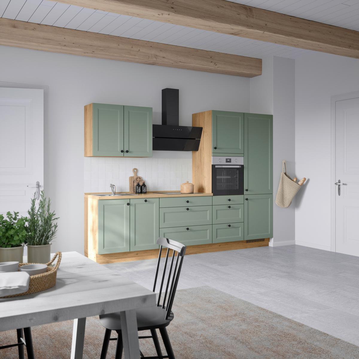 Küchenblock Cascada High m. Geräten Schilfgrün - Schilfgrün/Eichefarben, MODERN, Holzwerkstoff/Metall (300cm) - Nobilia