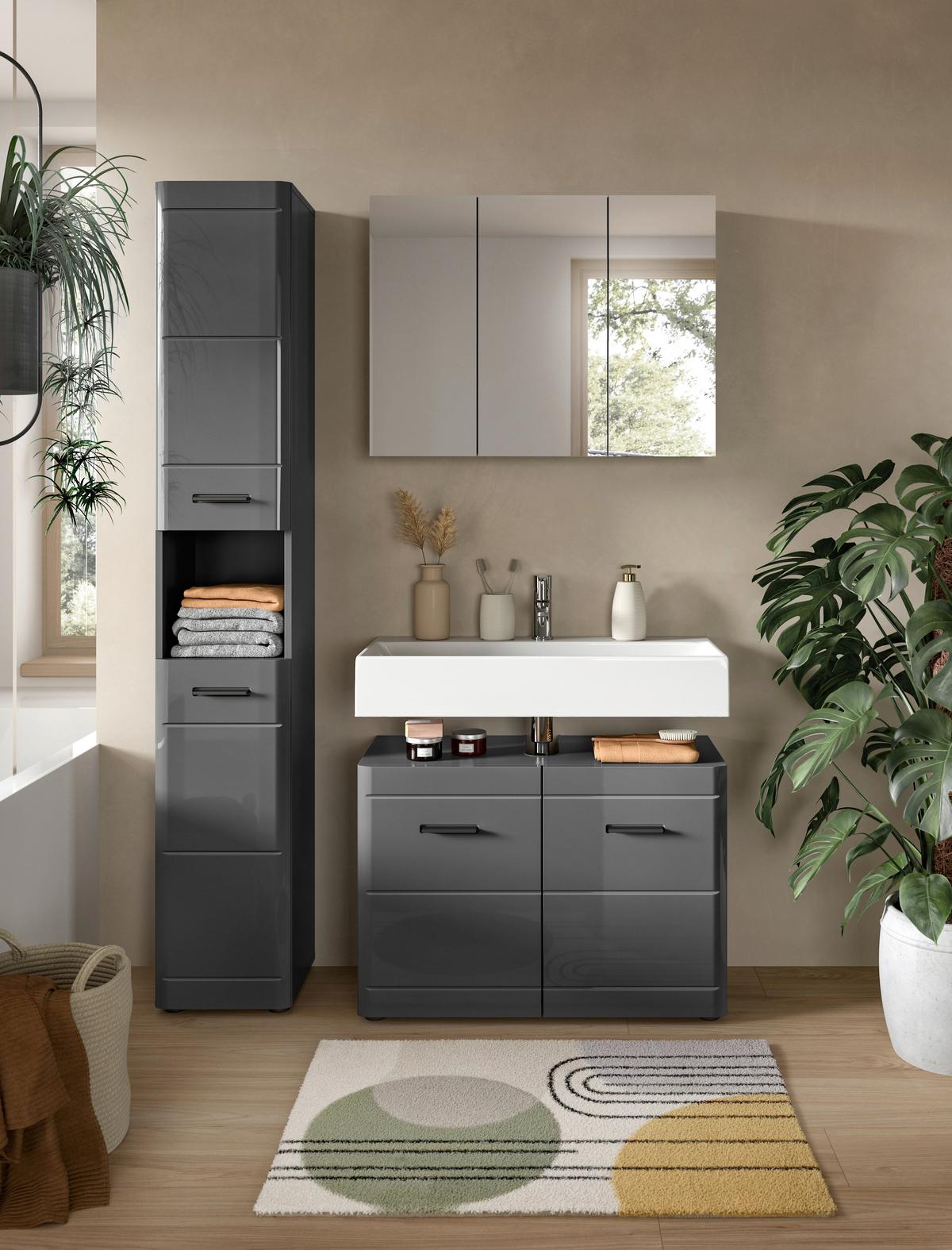Badezimmer Soft 3-tlg. ca. 110 cm Grau hochglanz - Grau Hochglanz/Schwarz, MODERN, Holzwerkstoff/Kunststoff (110cm) - MID.YOU