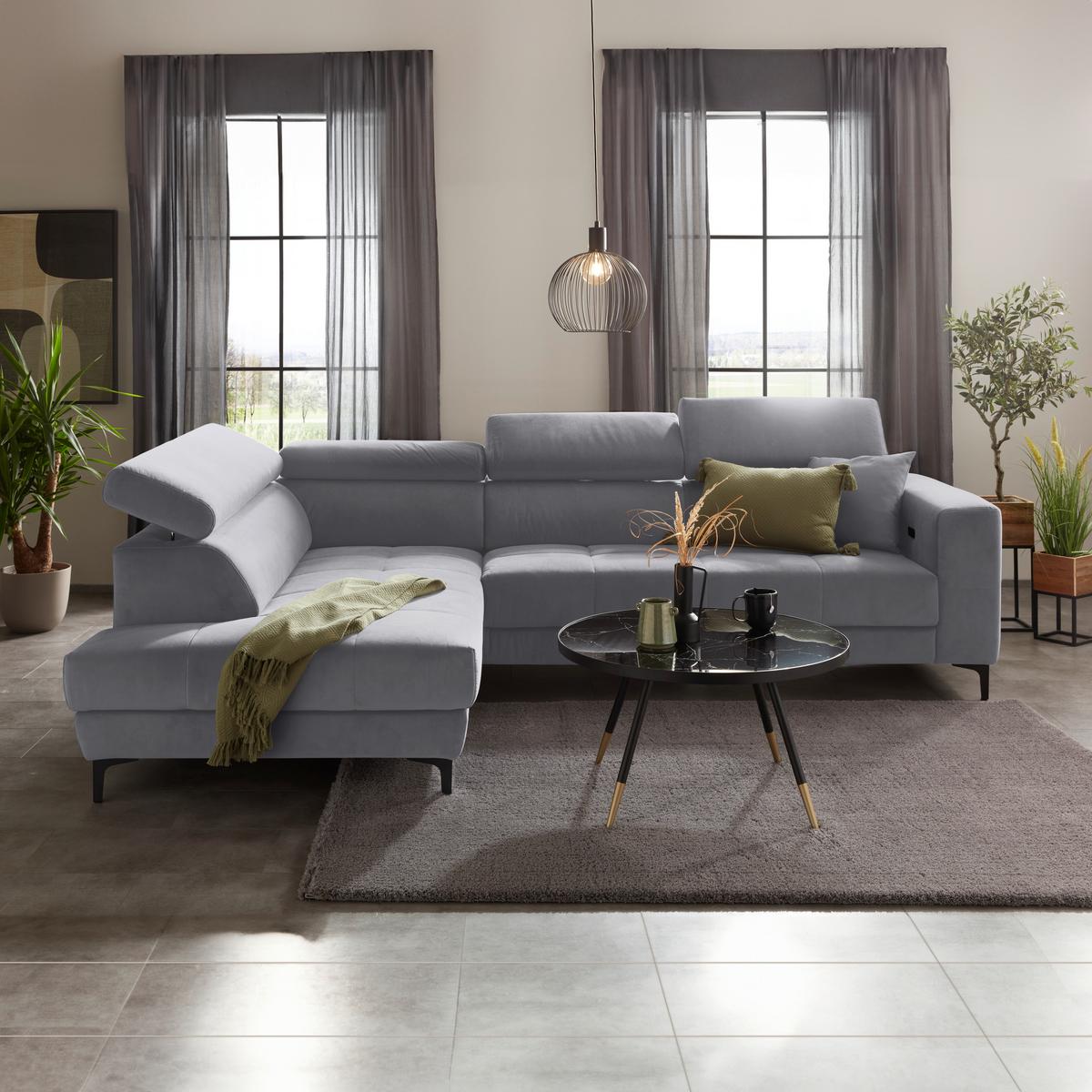 Ecksofa Emma links Grauweiß - Grauweiß/Schwarz, MODERN, Textil (210/301cm) - Premium Living
