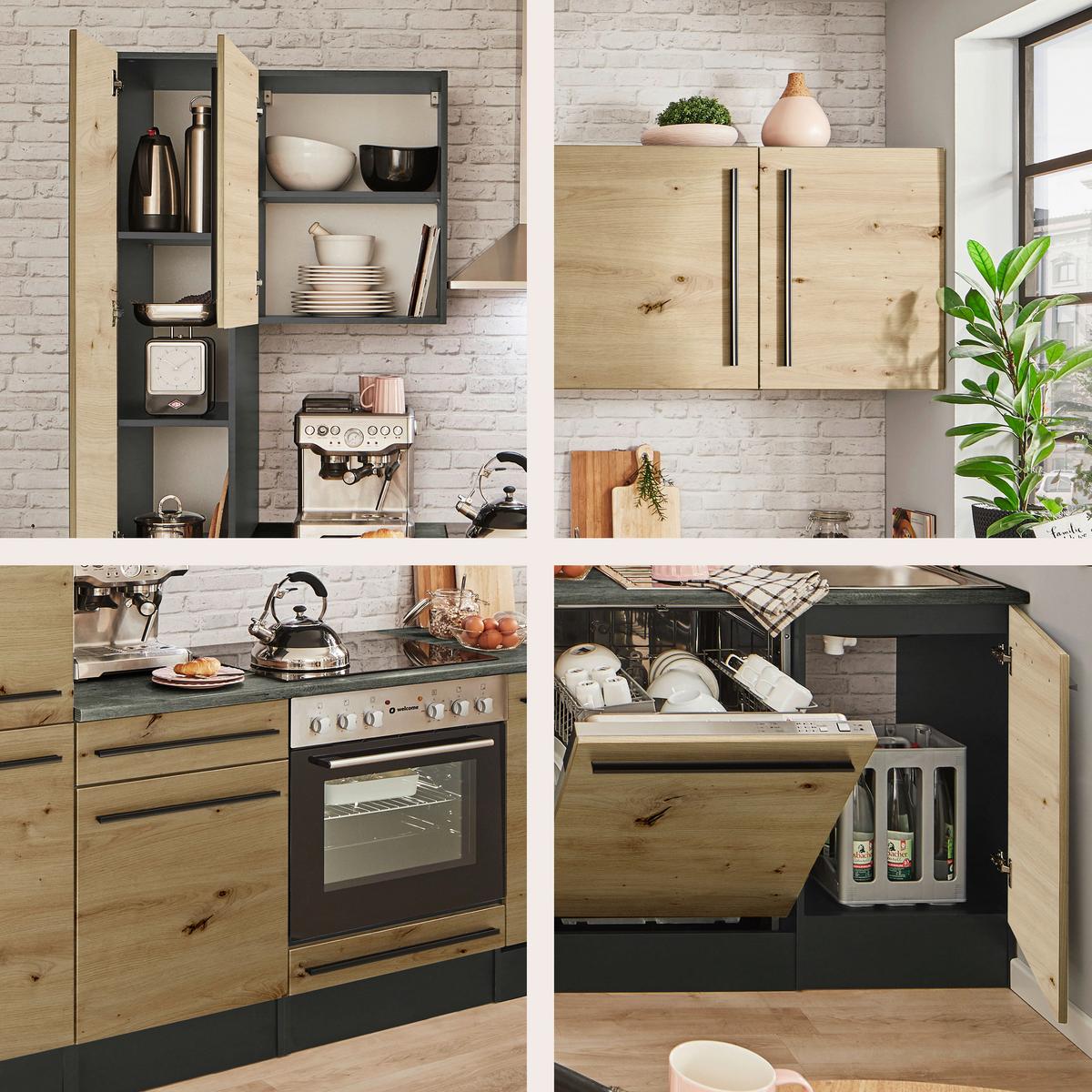 Küchenblock Jazz mit Geräten ca.250cm Eiche/Anthrazit - Anthrazit/Schwarz, LIFESTYLE, Holzwerkstoff/Kunststoff (250cm) - P & B