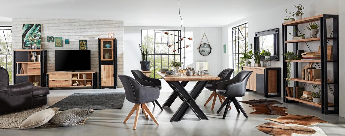 Vitrina Construction - črna/naravne barve, Trendi, kovina/steklo (60/180/40cm) - Zandiara
