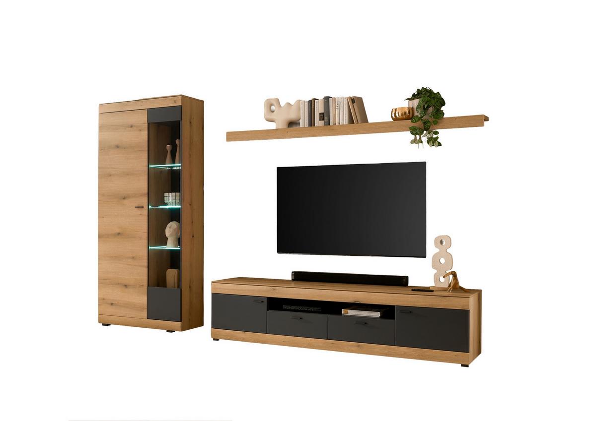 WOHNWAND SOLETO - Eichefarben/Graphitfarben, Design, Glas/Holzwerkstoff (300/201/45cm) - MID.YOU