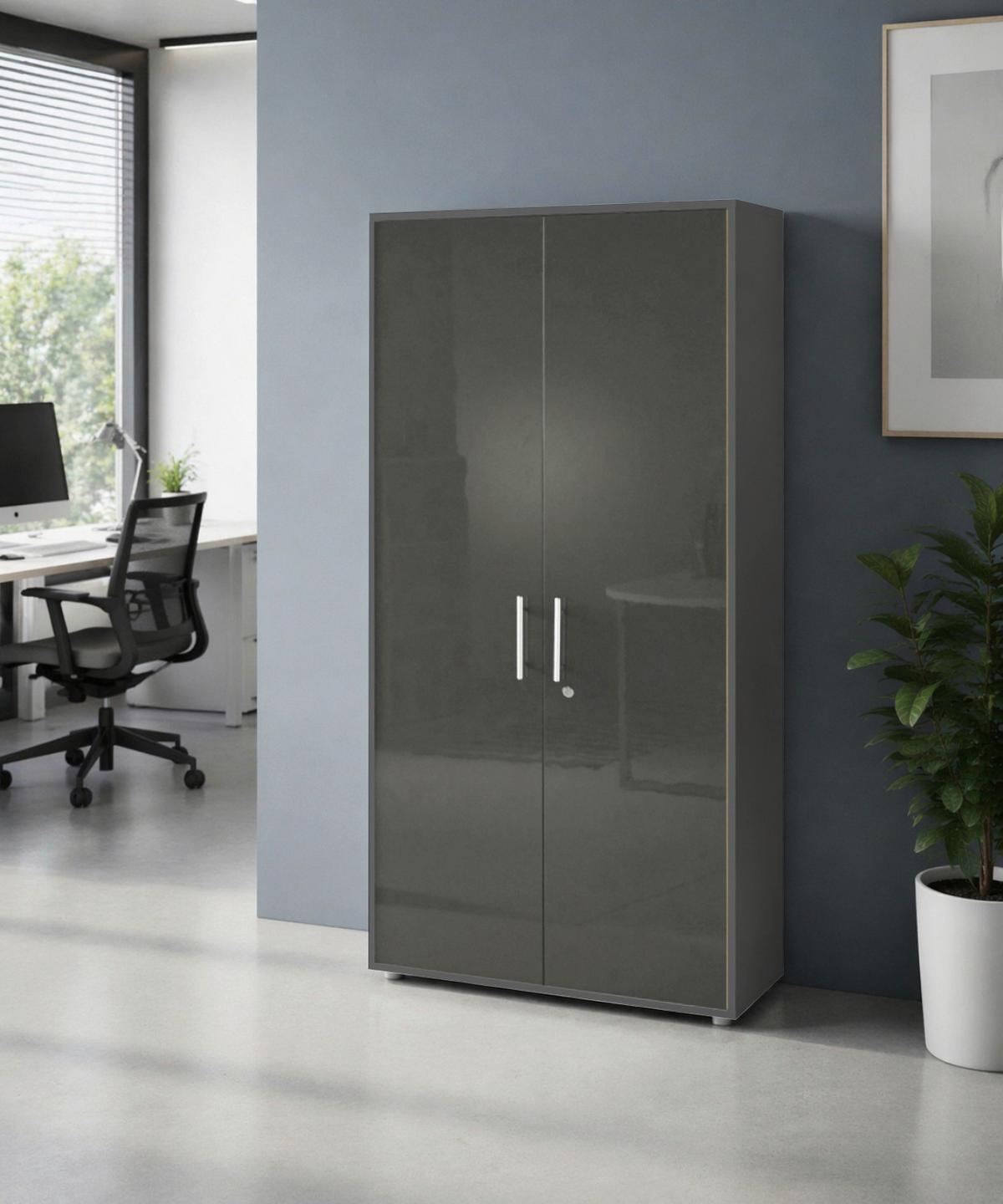 AKTENSCHRANK OFFICE EDITION - Anthrazit/Anthrazit Hochglanz, MODERN, Holzwerkstoff (84,4/185,6/33cm) - MID.YOU