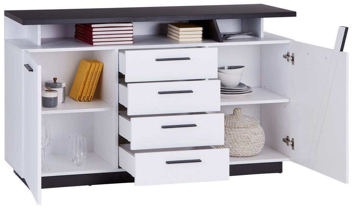 Komoda Maxi, Bela, Temno Siva - Moderno, umetna masa/leseni material (150,2/90/41,9cm) - Premium Living