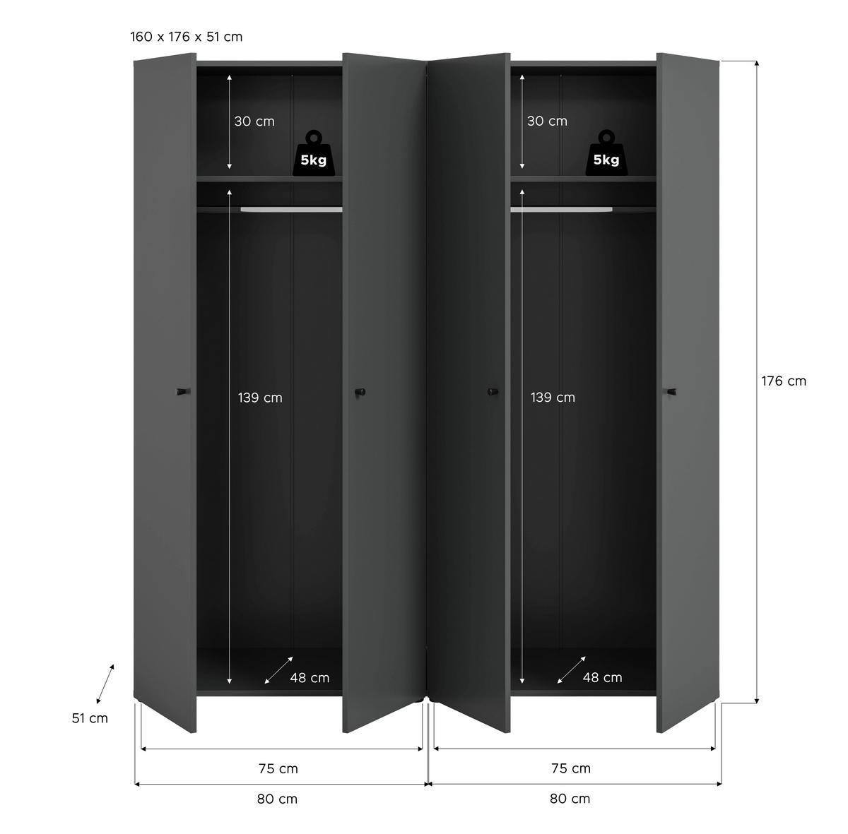 Drehtürenschrank DARWIN ca.160x176x51cm Anthrazit - Anthrazit/Schwarz, MODERN, Holzwerkstoff/Kunststoff (160/176cm) - MID.YOU
