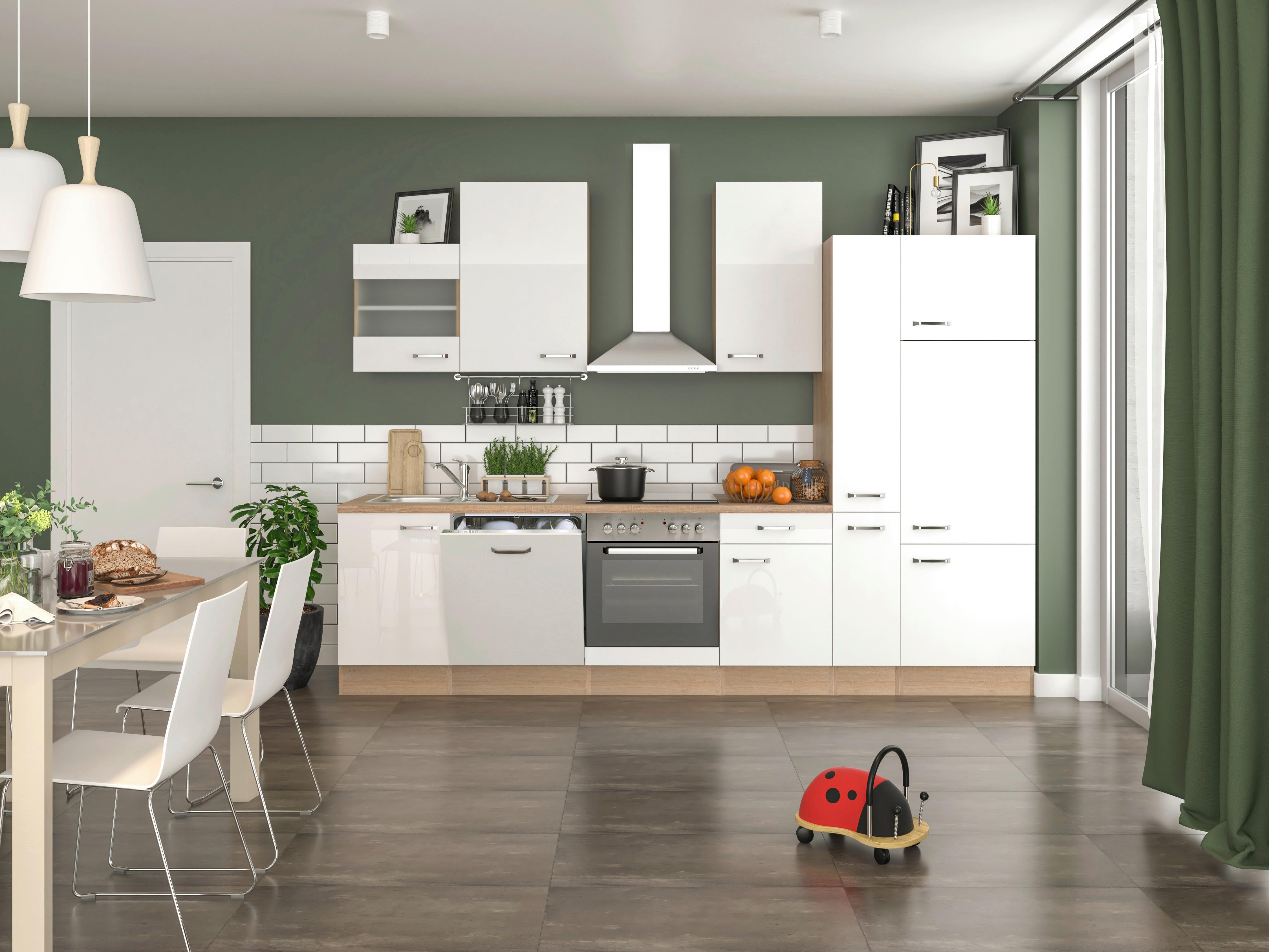 Küchenblock Valero mit Geräten Eiche/Weiß B: ca. 310 cm - Edelstahlfarben/Weiß Hochglanz, MODERN, Holzwerkstoff/Metall (310cm) - FlexWell