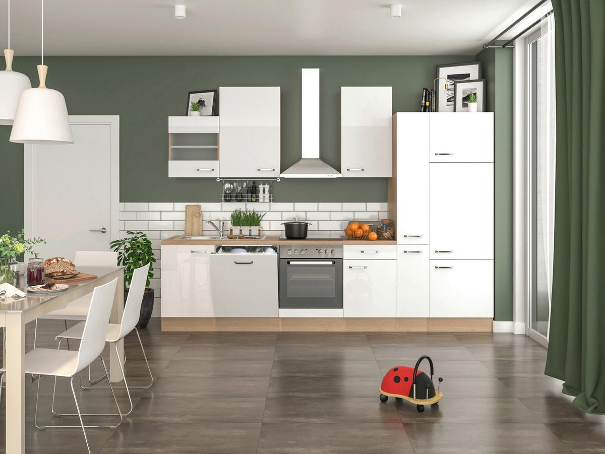 Küchenblock Valero mit Geräten Eiche/Weiß B: ca. 310 cm - Edelstahlfarben/Weiß Hochglanz, MODERN, Holzwerkstoff/Metall (310cm) - FlexWell