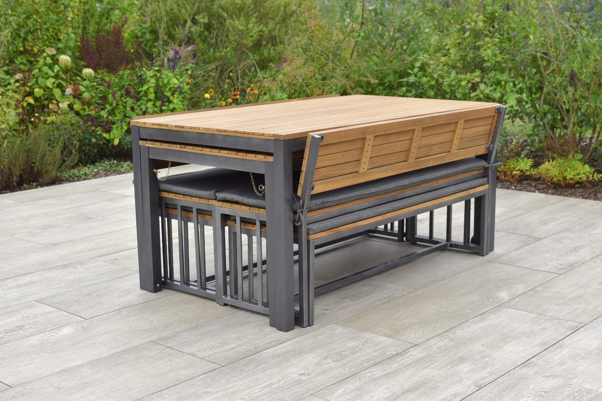 Gartenmöbel Set 10-tlg. Milos Echtholz/Metall mit Auflagen - Dunkelgrau/Graphitfarben, KONVENTIONELL, Holz/Textil - Gardenson