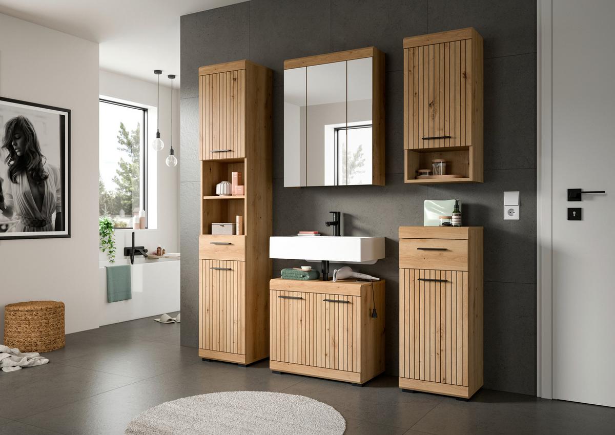 Badezimmer Scout Eiche Artisan 3-teilig - Schwarz/Eiche Artisan, Trend, Glas/Holzwerkstoff (97cm) - MID.YOU