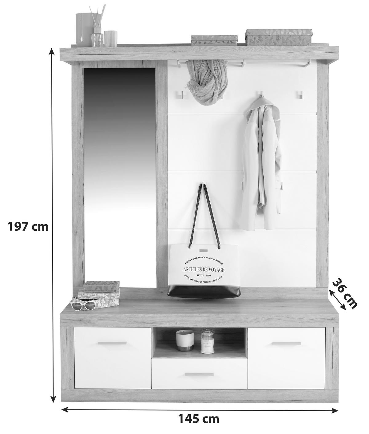 Predsoblje Malta - bijela/boje hrasta, Moderno, drvni materijal (145/197/36cm) - Modern Living