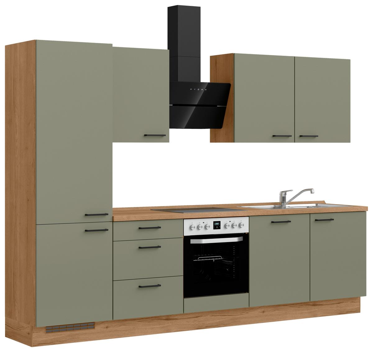 Küchenleerblock Senso High o. Geräte Olivgrün - Eichefarben/Schwarz, ROMANTIK / LANDHAUS, Holzwerkstoff/Metall (300cm) - Nobilia