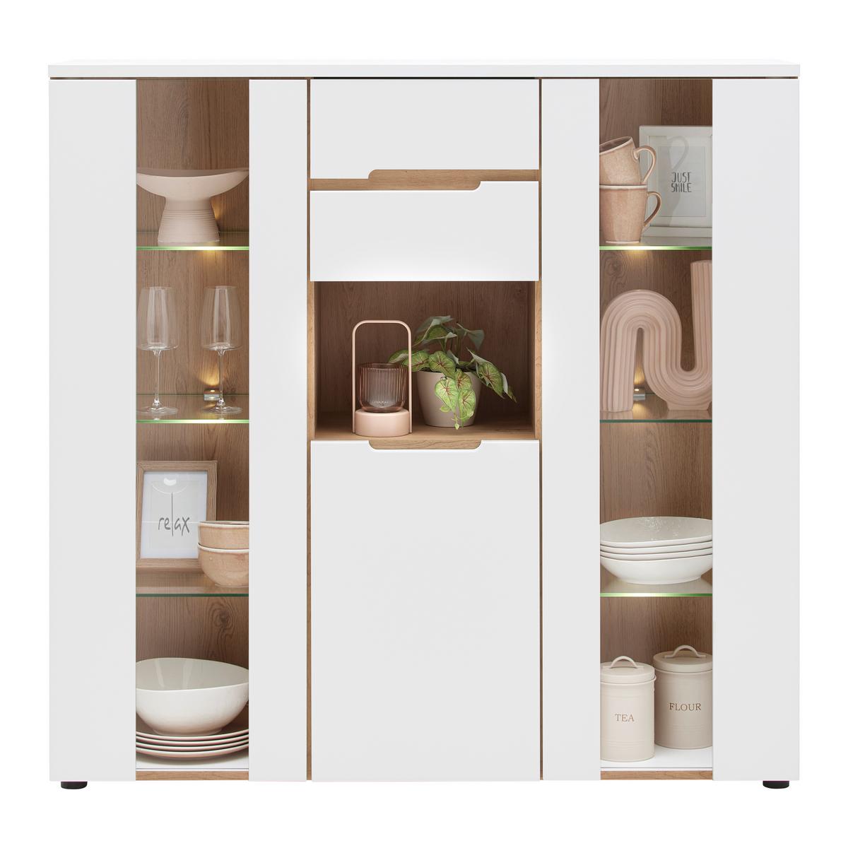 Highboard Dallas Weiss/Eiche Artisan - Weiss/Schwarz, Modern, Holzwerkstoff (130/127/38cm) - Premium Living