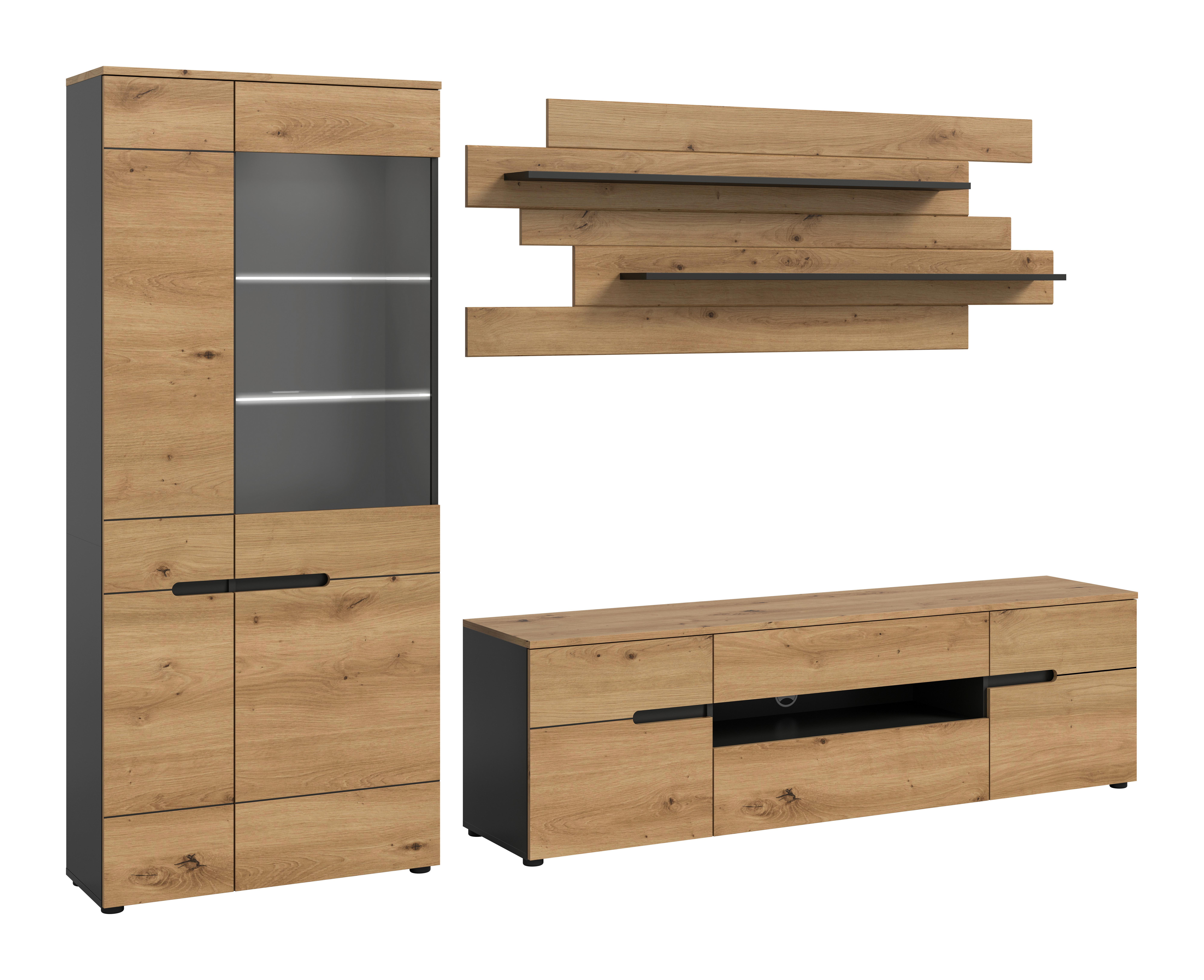 Dnevni Regal Canu, Siva, Barva Hrasta, Osvetlitev, 3-Delni - črna/hrast artisan, Design, umetna masa/leseni material (280/190/44cm) - Livetastic