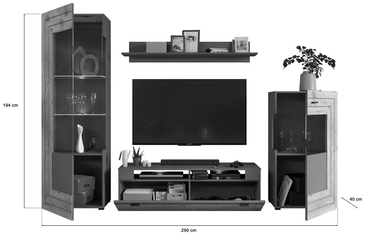 Dnevni Regal Freno, Barva Hrasta, Siva - Konvencionalno, kovina/steklo (290/195/40cm) - MID.YOU