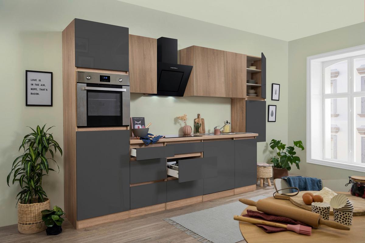 Küchenzeile Premium m. Geräte Grau/Eiche B: ca. 330 cm - Eichefarben/Grau, Basics, Holzwerkstoff (330cm) - Respekta