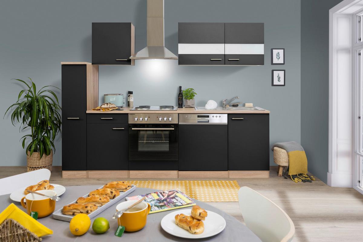 Küchenblock Merle mit Geräten ca. 250 cm Schwarz - Edelstahlfarben/Eichefarben, Basics, Holzwerkstoff/Metall (250cm) - Respekta