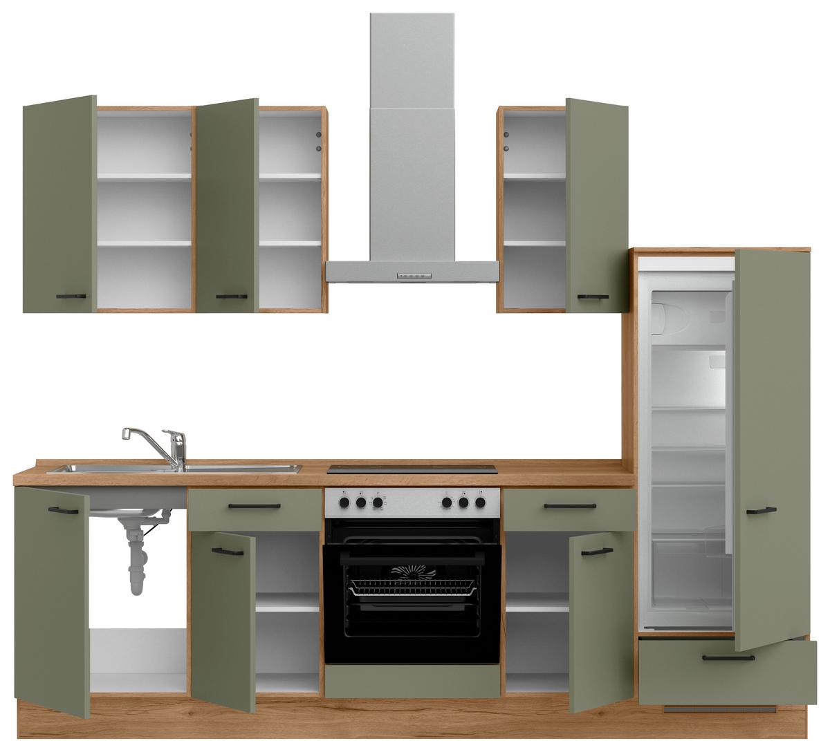 Küchenleerblock Senso Low o. Geräte Olivgrün - Eichefarben/Schwarz, MODERN, Holzwerkstoff/Metall (270cm) - Nobilia
