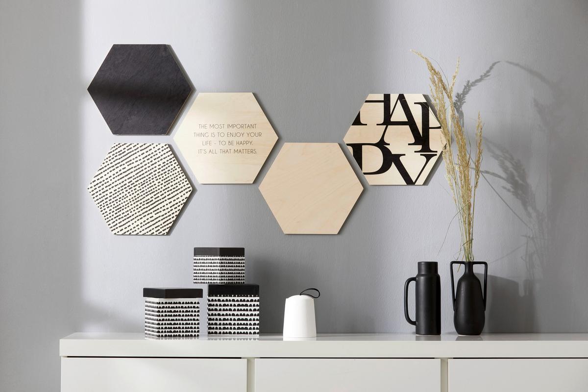 Bild Hexagon, 5er Set - Weiss/Schwarz, Holz (30/25cm) - Modern Living
