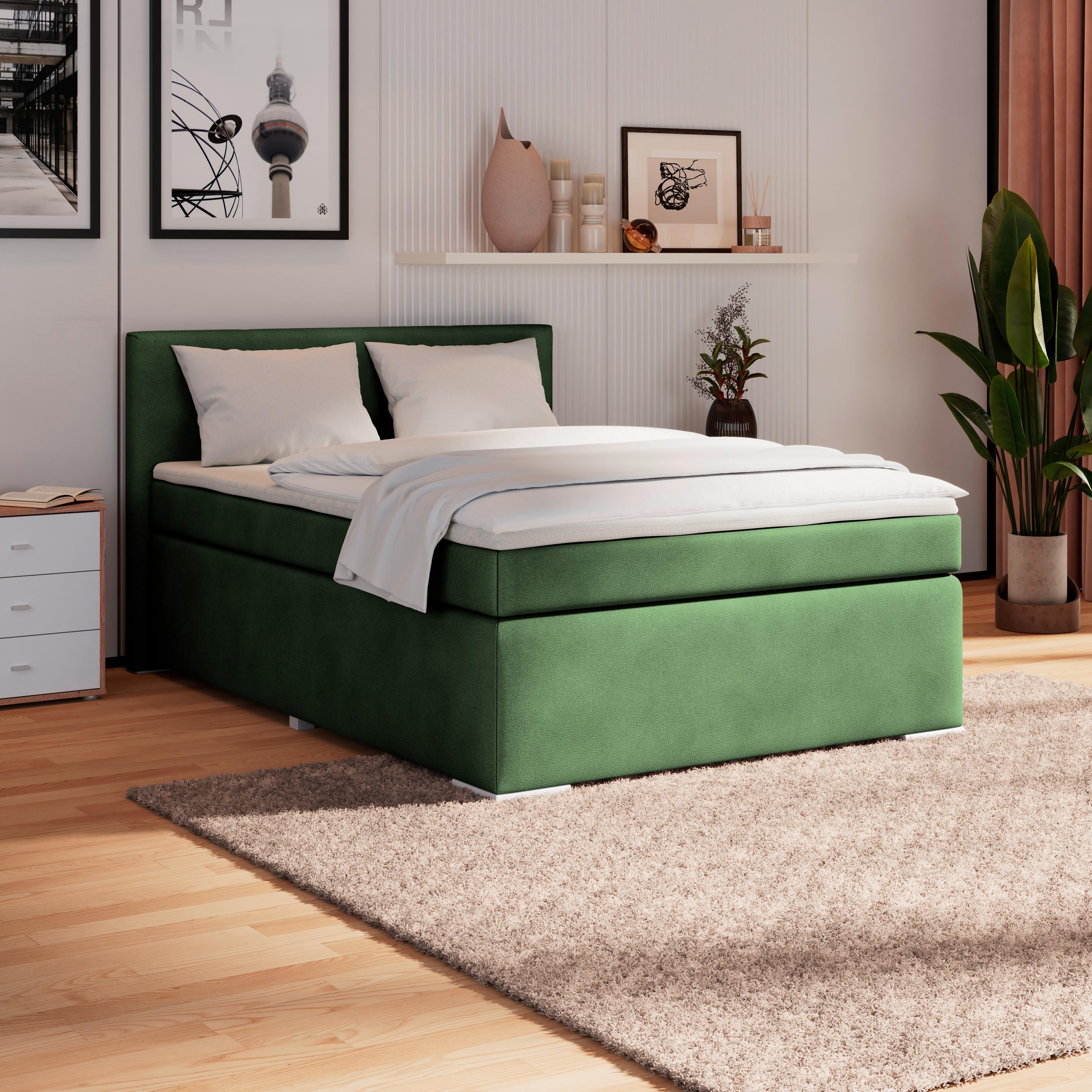 Boxspring Krevet Mira 1 - tamno zelena, Basics, metal/tekstil (140/200cm)