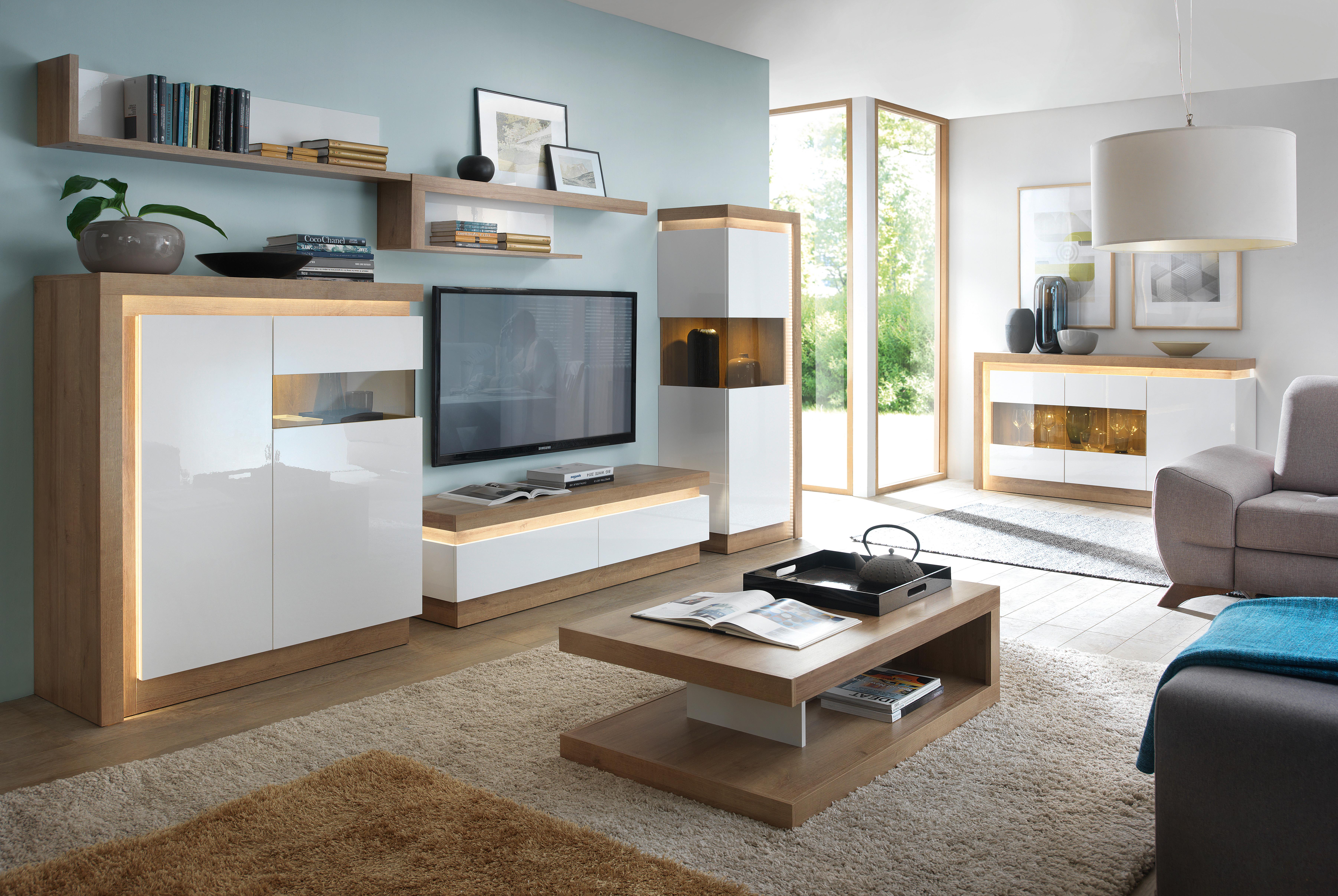 Zidna Polica Lyon - boje hrasta/bijela visoki sjaj, Trend, drvni materijal (130/27,6/20,1cm) - Modern Living