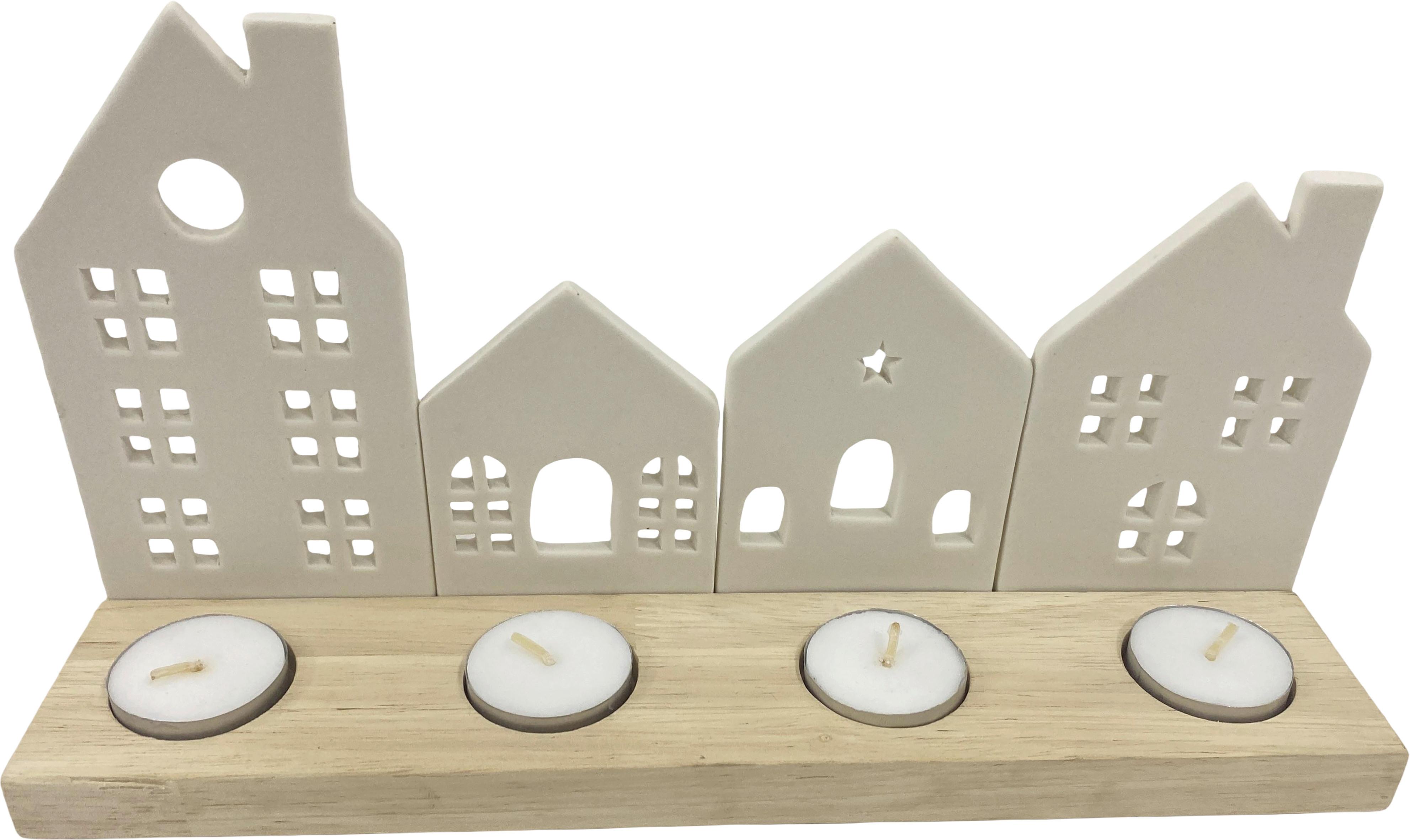ŚWIECZNIK TEALIGHT 97-23B673 - biały/brązowy, Lifestyle, drewno/ceramika (30,2/7,7/16cm) - X-Mas
