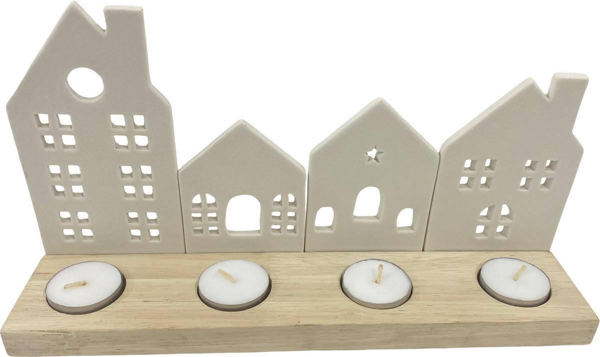 ŚWIECZNIK TEALIGHT 97-23B673 - biały/brązowy, Lifestyle, drewno/ceramika (30,2/7,7/16cm) - X-Mas
