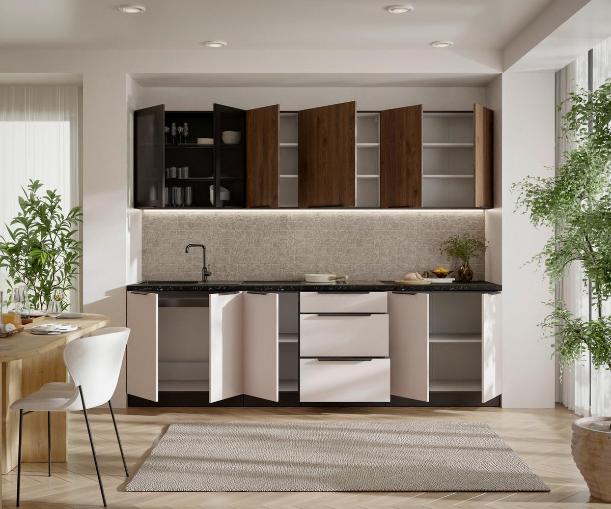 Blok Kuhinja Arona/monza - kašmir/boja orahovog drveta, Moderno, staklo/metal (260/210/60cm) - Modern Living