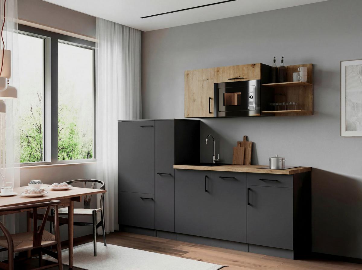 Küchenblock Oliver m. Geräten Grau - Eiche Artisan/Grau, Trend, Holzwerkstoff/Metall (235cm) - Respekta