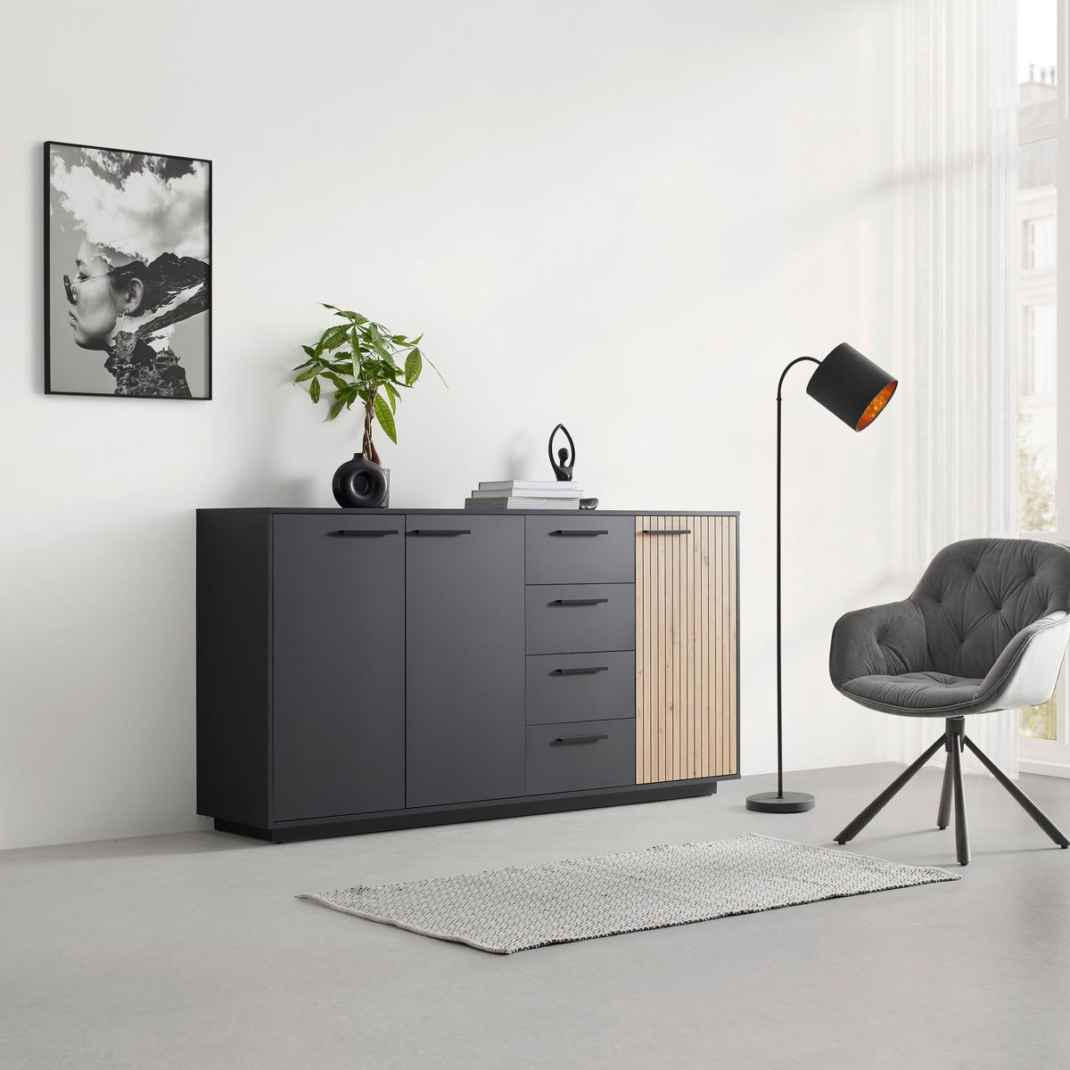 Sideboard Lukas Anthrazit/Schwarz/Eichefarben - Anthrazit/Schwarz, MODERN, Holzwerkstoff/Kunststoff (183,6/95,4/40,2cm) - Mömax