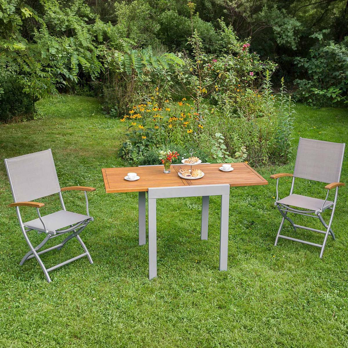 Balkonset Naxos 3-tlg. Alu/Akazie massiv - Beige/Silberfarben, MODERN, Holz/Kunststoff - Gardenson