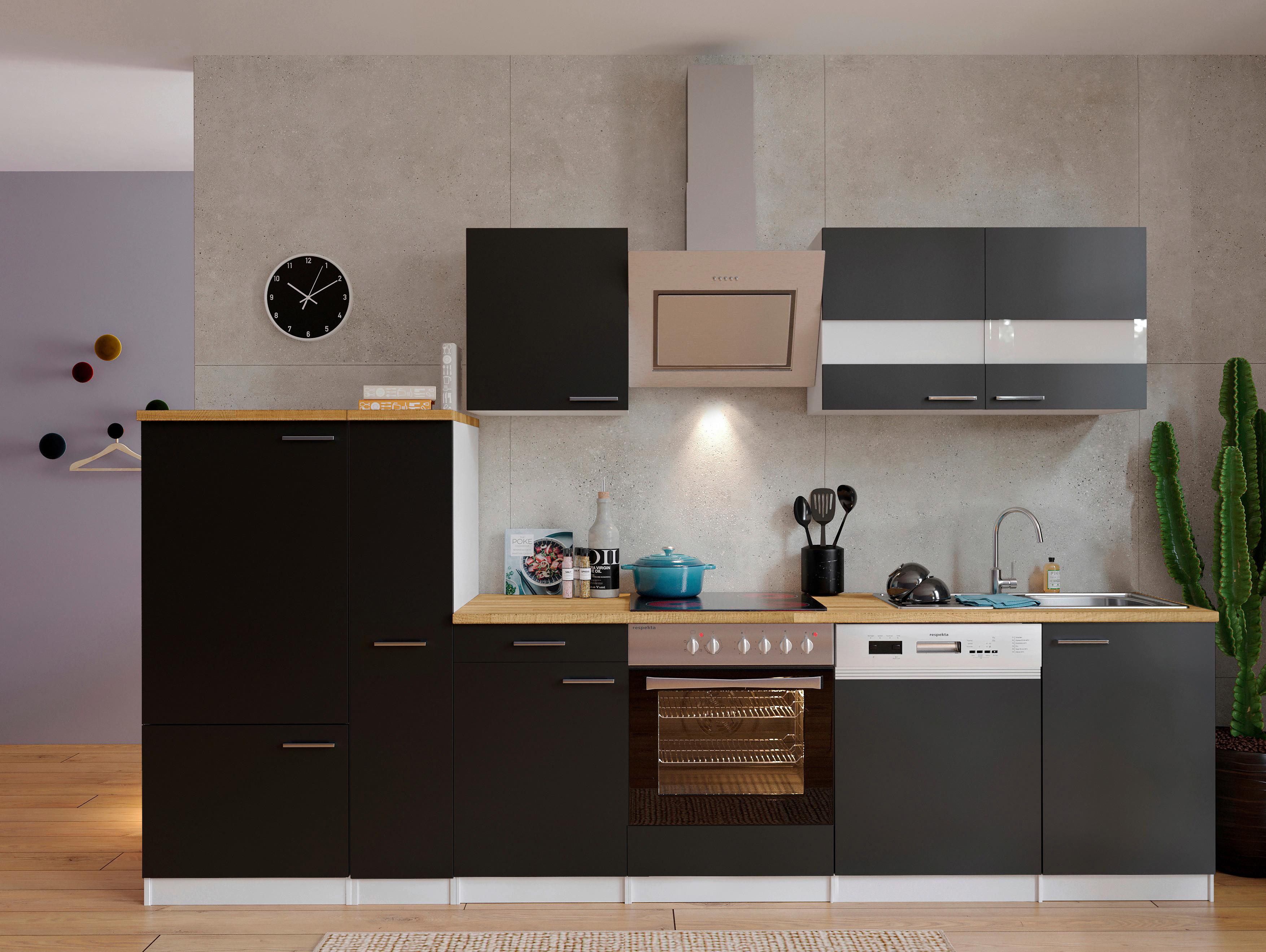 Küchenzeile Economy m. Geräten Schwarz/Nussbaum B: ca. 310 cm - Edelstahlfarben/Nussbaumfarben, Basics, Holzwerkstoff/Metall (310cm) - Respekta