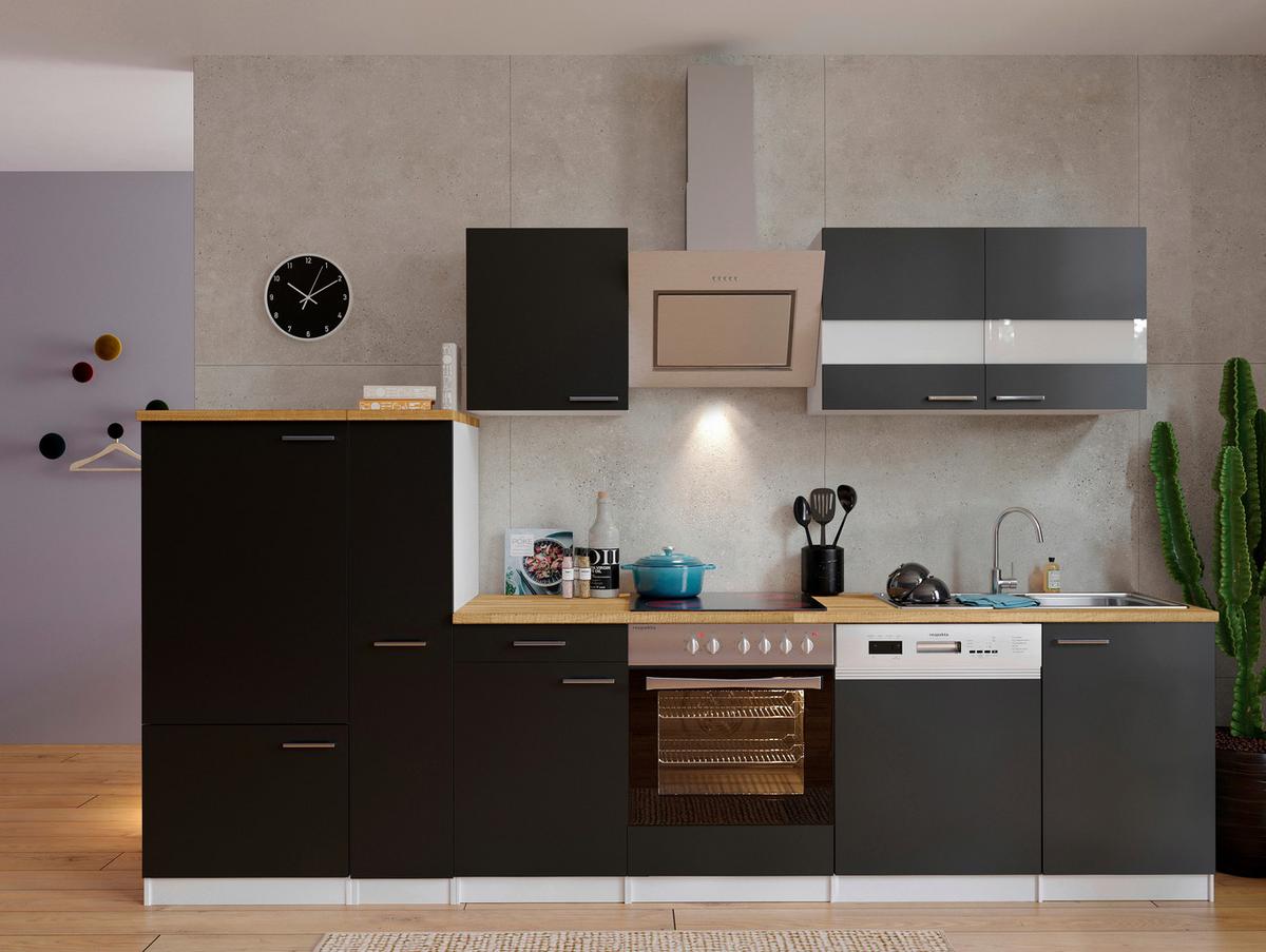 Küchenzeile Economy m. Geräten Schwarz/Nussbaum B: ca. 310 cm - Edelstahlfarben/Nussbaumfarben, Basics, Holzwerkstoff/Metall (310cm) - Respekta