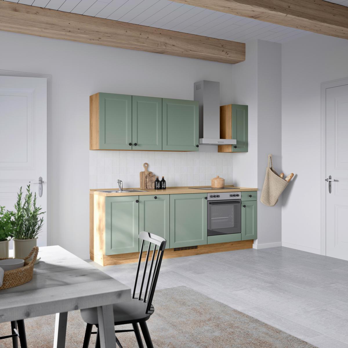 Küchenblock Cascada Low m. Geräten Schilfgrün - Schilfgrün/Eichefarben, MODERN, Holzwerkstoff/Metall (240cm) - Nobilia