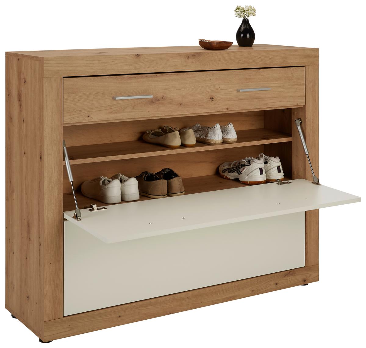 Schuhschrank in Weiß/Eichefarben - Chromfarben/Eichefarben, KONVENTIONELL, Holzwerkstoff/Kunststoff (120/100/36cm) - Mömax