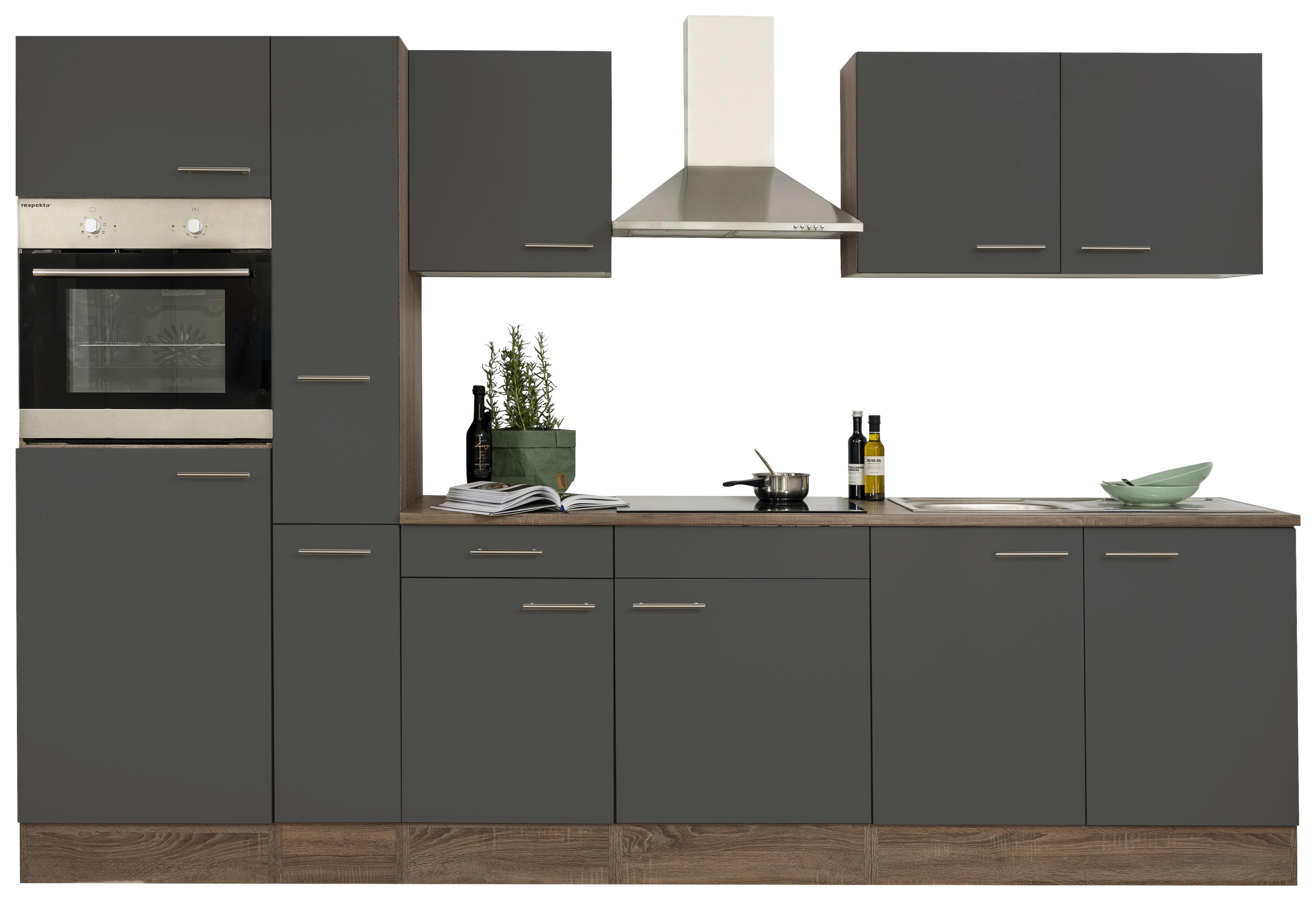 Küchenzeile mit Geräte Grau /Eiche Dekor B: ca. 300 cm - Edelstahlfarben/Eichefarben, Design, Holzwerkstoff/Metall (300cm) - Respekta