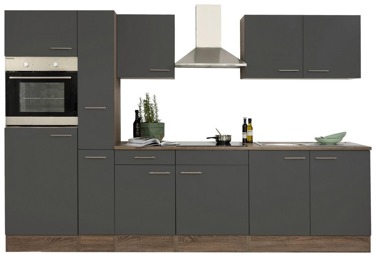 Küchenzeile mit Geräte Grau /Eiche Dekor B: ca. 300 cm - Edelstahlfarben/Eichefarben, Design, Holzwerkstoff/Metall (300cm) - Respekta