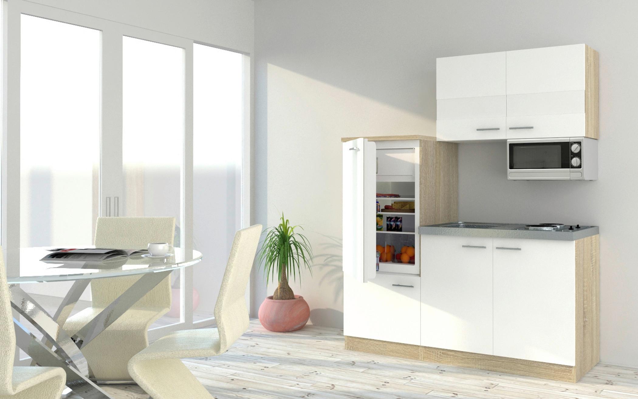Miniküche m. Kühlschrank + Kochfeld Weiß B: ca. 160cm - Edelstahlfarben/Eichefarben, Basics, Holzwerkstoff (160cm) - Respekta