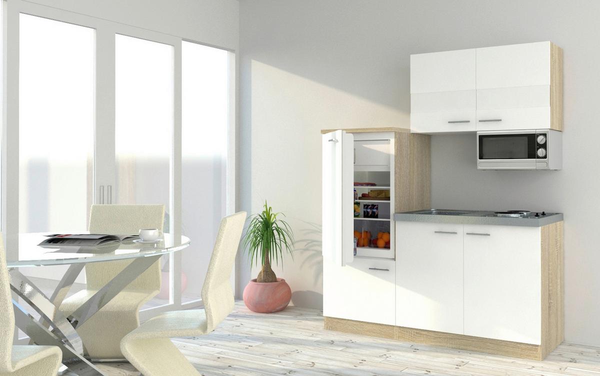 Miniküche m. Kühlschrank + Kochfeld Weiß B: ca. 160cm - Edelstahlfarben/Eichefarben, Basics, Holzwerkstoff (160cm) - Respekta