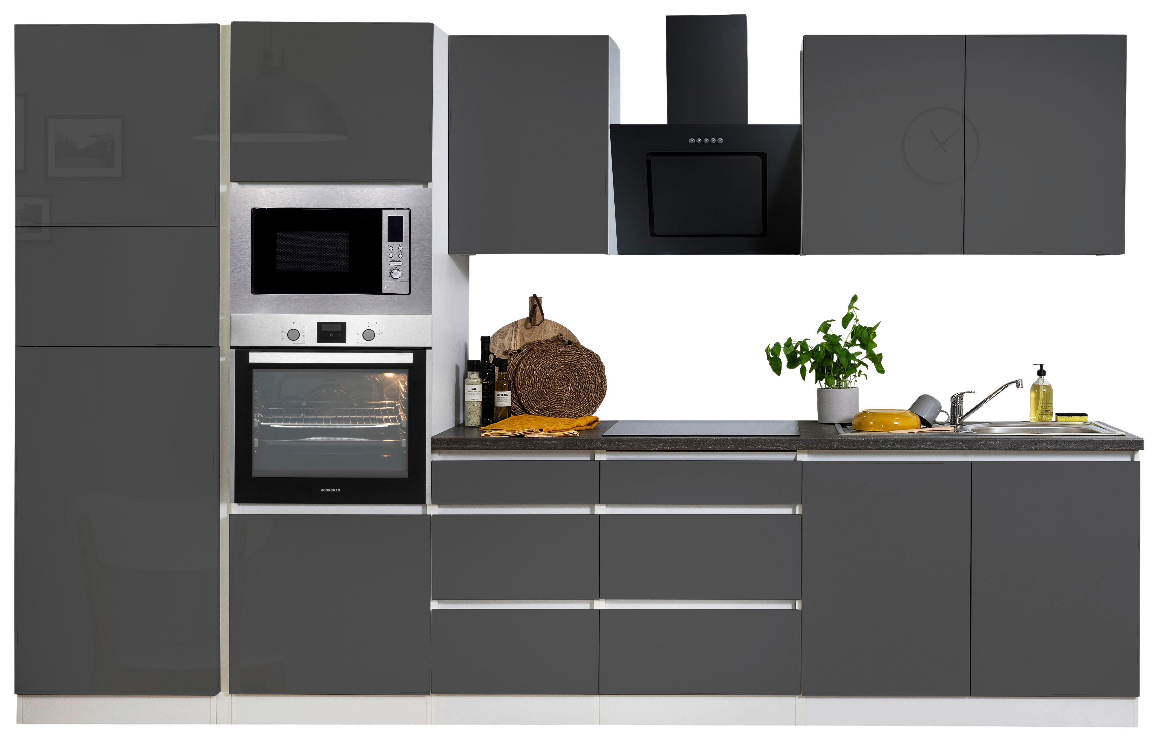 Küchenblock Lorena mit Geräten ca. 335 cm Grau Hochglanz - Grau Hochglanz/Graphitfarben, Basics, Holzwerkstoff (335cm) - Respekta
