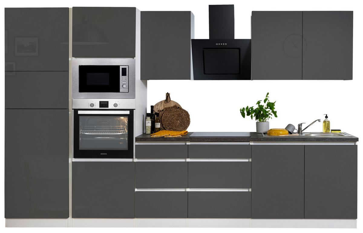 Küchenblock Lorena mit Geräten ca. 335 cm Grau Hochglanz - Grau Hochglanz/Graphitfarben, Basics, Holzwerkstoff (335cm) - Respekta