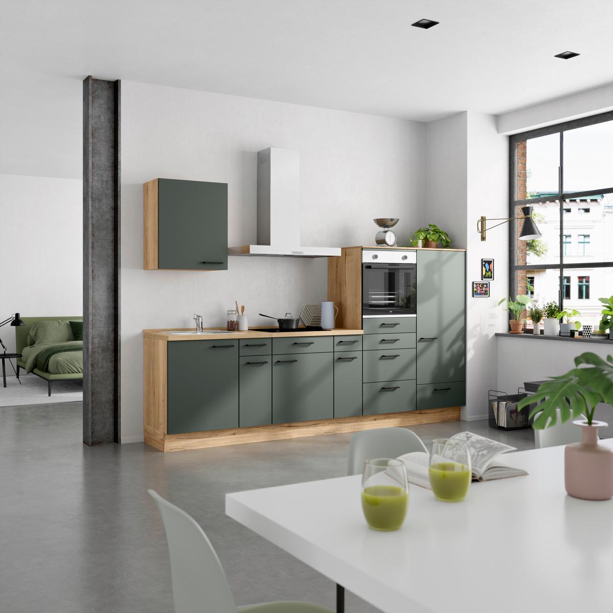 Küchenblock Easytouch Low m. Geräten Dunkelgrün - Dunkelgrün/Eichefarben, MODERN, Holzwerkstoff/Metall (300cm) - Nobilia