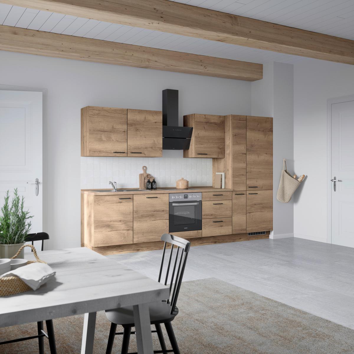 Küchenblock Structura High m. Geräten Eiche dunkel - Eiche dunkel/Schwarz, MODERN, Holzwerkstoff/Metall (330cm) - Nobilia