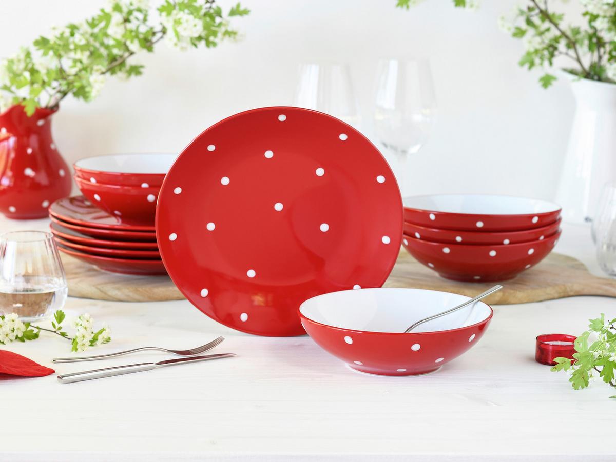 Jedilni Servis Polka Dots, 12-Delni - rdeča/bela, Basics, keramika - Creatable